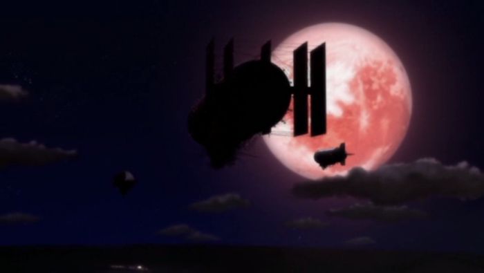 The zeppelins fly past a blood-red moon