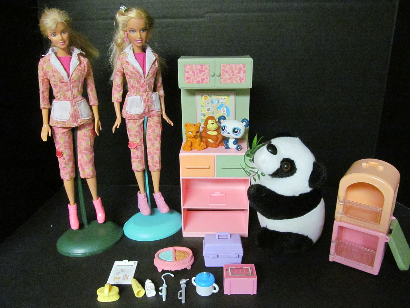 Panda Barbie LOT Zoo Keeper Pet Vet Doctors Matching Clothes Monkey