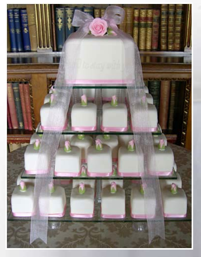 white pink individual square wedding cake